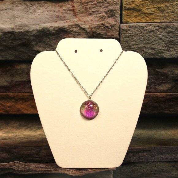 Handmade Epoxy Cicle Pendant w/ Transparnt Colors Pink and Green and Sparkles - Picture 2 of 7